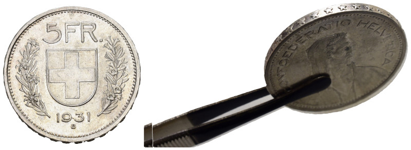 SCHWEIZ. EIDGENOSSENSCHAFT. 5 Franken 1931 Abart 13 Sterne über Kopf Divo 442. H...