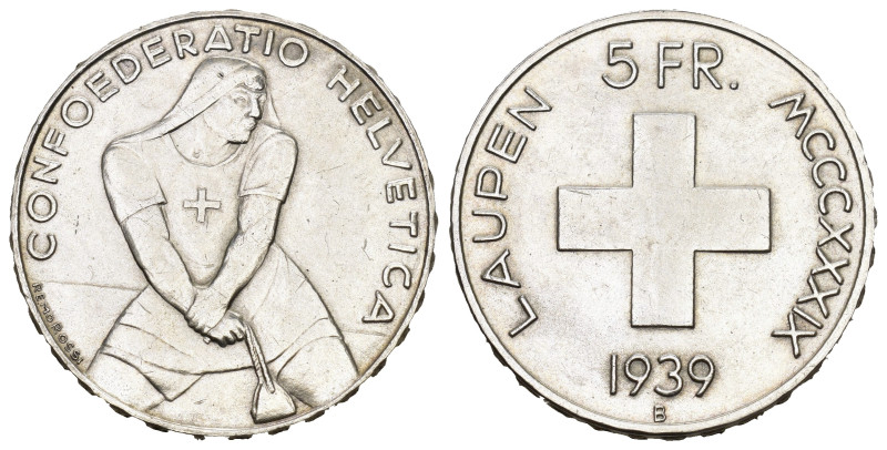 SCHWEIZ. EIDGENOSSENSCHAFT. 5 Franken 1939 Laupentaler Silber 15g selten FDC 
Di...