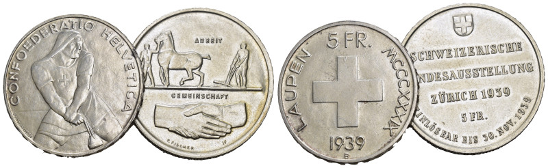 SCHWEIZ. EIDGENOSSENSCHAFT. 5 Franken 1939 Laupentaler + 1939 Landi Silber 2 Stk...