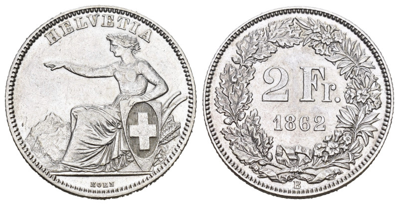 SCHWEIZ. EIDGENOSSENSCHAFT. 2 Franken 1862 Bern. HMZ 2-1201. minimal berieben so...