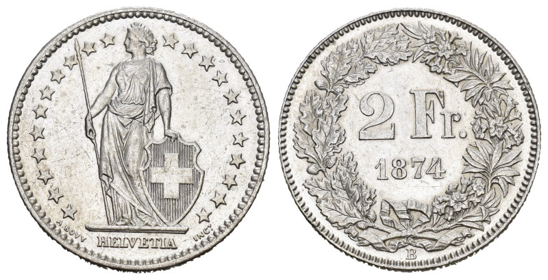 SCHWEIZ. EIDGENOSSENSCHAFT. 2 Franken 1874 Bern. HMZ 2-1201. bis unzirkuliert 
D...
