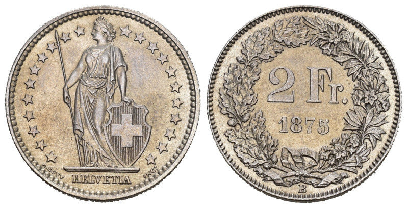 SCHWEIZ. EIDGENOSSENSCHAFT. 2 Franken 1875 Bern. HMZ 2-1201. bis unzirkuliert 
D...