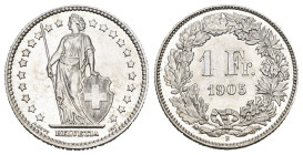 SCHWEIZ. EIDGENOSSENSCHAFT. 1 Franken 1905 4.97 g. HMZ 2-1203 bis unzirkuliert 
Dieses Los unterliegt bei Auslieferung in der Schweiz der Margenbesteu...