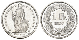 SCHWEIZ. EIDGENOSSENSCHAFT. 1 Franken 1907 4.97 g. HMZ 2-1203 bis unzirkuliert berieben 
Dieses Los unterliegt bei Auslieferung in der Schweiz der Mar...
