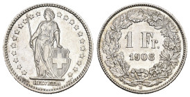 SCHWEIZ. EIDGENOSSENSCHAFT. 1 Franken 1908 4.97 g. HMZ 2-1203 bis unzirkuliert
Dieses Los unterliegt bei Auslieferung in der Schweiz der Margenbesteue...