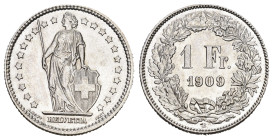 SCHWEIZ. EIDGENOSSENSCHAFT. 1 Franken 1909 4.97 g. HMZ 2-1203 fast FDC 
Dieses Los unterliegt bei Auslieferung in der Schweiz der Margenbesteuerung ge...