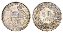 SCHWEIZ. EIDGENOSSENSCHAFT. 1/2 Franken 1851 . HMZ 1205 fast unzirkuliert 
Dieses Los unterliegt bei Auslieferung in der Schweiz der Margenbesteuerung...