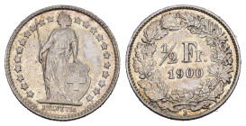 SCHWEIZ. EIDGENOSSENSCHAFT. 1/2 Franken 1900 . HMZ 1205 vorzüglich 
Dieses Los unterliegt bei Auslieferung in der Schweiz der Margenbesteuerung gemäss...