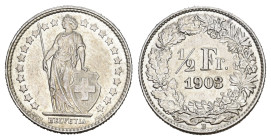 SCHWEIZ. EIDGENOSSENSCHAFT. 1/2 Franken 1903 . HMZ 1205 vorzüglich bis unzirkuliert 
Dieses Los unterliegt bei Auslieferung in der Schweiz der Margenb...