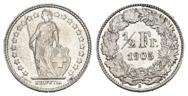 SCHWEIZ. EIDGENOSSENSCHAFT. 1/2 Franken 1905 . HMZ 1205 vorzüglich bis unzirkuliert 
Dieses Los unterliegt bei Auslieferung in der Schweiz der Margenb...