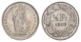 SCHWEIZ. EIDGENOSSENSCHAFT. 1/2 Franken 1906 . HMZ 1205 bis vorzüglich 
Dieses Los unterliegt bei Auslieferung in der Schweiz der Margenbesteuerung ge...