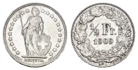 SCHWEIZ. EIDGENOSSENSCHAFT. 1/2 Franken 1909 . HMZ 1205 bis vorzüglich 
Dieses Los unterliegt bei Auslieferung in der Schweiz der Margenbesteuerung ge...