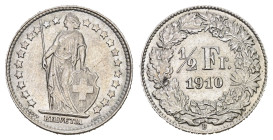 SCHWEIZ. EIDGENOSSENSCHAFT. 1/2 Franken 1910 . HMZ 1205 vorzüglich 
Dieses Los unterliegt bei Auslieferung in der Schweiz der Margenbesteuerung gemäss...