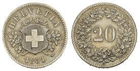 SCHWEIZ. EIDGENOSSENSCHAFT. 20 Rappen 1851 BB HMZ 2-1207 vorzüglich 
Dieses Los unterliegt bei Auslieferung in der Schweiz der Margenbesteuerung gemäs...