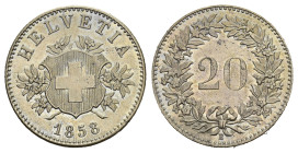 SCHWEIZ. EIDGENOSSENSCHAFT. 20 Rappen 1858 BB HMZ 2-1207 unzirkuliert 
Dieses Los unterliegt bei Auslieferung in der Schweiz der Margenbesteuerung gem...