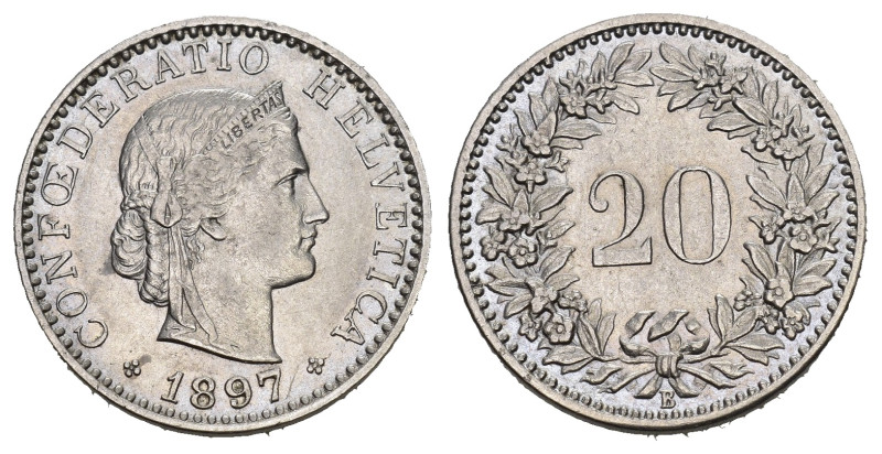 SCHWEIZ. EIDGENOSSENSCHAFT. 20 Rappen 1897 HMZ 2-1207 berieben vorzüglich +
Dies...