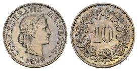 SCHWEIZ. EIDGENOSSENSCHAFT. 10 Rappen 1879 2.50 g. HMZ 2-1209 fast unzirkuliert 
Dieses Los unterliegt bei Auslieferung in der Schweiz der Margenbeste...