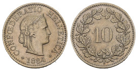 SCHWEIZ. EIDGENOSSENSCHAFT. 10 Rappen 1884 2.50 g. HMZ 2-1209 bis unzirkuliert 
Dieses Los unterliegt bei Auslieferung in der Schweiz der Margenbesteu...