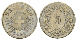 SCHWEIZ. EIDGENOSSENSCHAFT. 5 Rappen 1850 AB, . 1.63 g. HMZ 1211. Bis vorzüglich 
Dieses Los unterliegt bei Auslieferung in der Schweiz der Margenbest...
