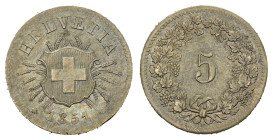 SCHWEIZ. EIDGENOSSENSCHAFT. 5 Rappen 1851 BB . 1.63 g. HMZ 1211. sehr schön 
Dieses Los unterliegt bei Auslieferung in der Schweiz der Margenbesteueru...
