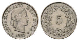 SCHWEIZ. EIDGENOSSENSCHAFT. 5 Rappen 1881 . 1.63 g. HMZ 1211. vorzüglich 
Dieses Los unterliegt bei Auslieferung in der Schweiz der Margenbesteuerung ...
