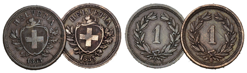 SCHWEIZ. EIDGENOSSENSCHAFT 1 Rappen Schmales Kreuz 1853 2 Stk . HMZ 2-1215. bis ...