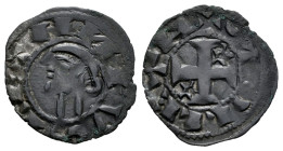 Alfonso I (1109-1126). Dinero. Toledo. (Bautista-40.19, como Alfonso I). Anv.: AИFVS REX. Rev.: + (Creciente) TOLLETA. Ve. 0,70 g. Roel estrellado en ...