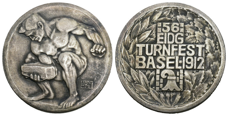 Basel 1912 Eidgenössisches Turnfest, Silbermedaille 18g 34mm v.Hans Frei Aeppli ...