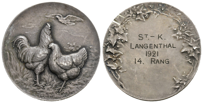 Langenthal 1921, Ornitologische Ausstellung, Silbermedaille 25g 40mm bis unzirku...