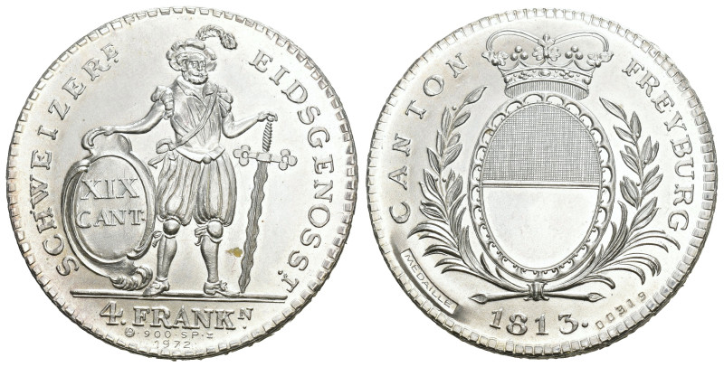 Fribourg 1972 Nachprägung des 4 Franken Talers von 1813, Silber 30g FDC