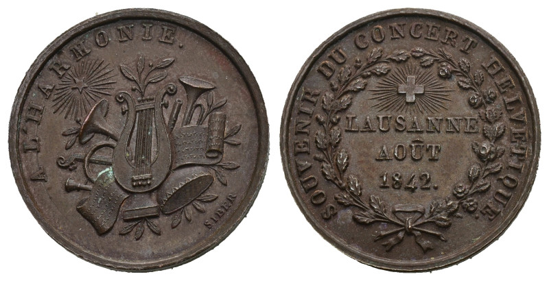 Genf 1842, Concert de Helvetique, Broncemedaille klien, 23mm vorzüglich