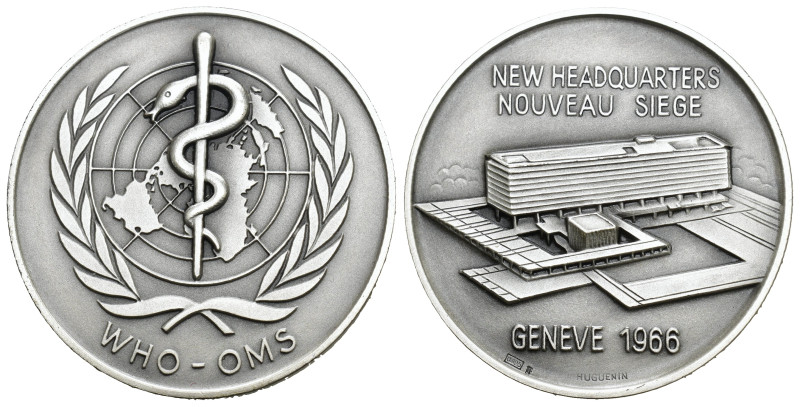 Genf 1966, WHO Gebäude-Neubau Silbermedaille 25g 40mm, FDC