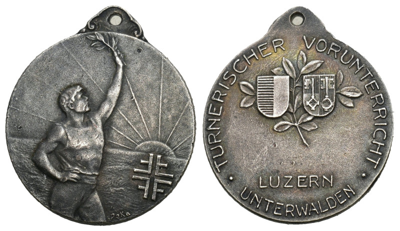 Luzern + Nidwalden 1920, Verdienstmedaille Turnen Bronce versilbert, vorzüglich