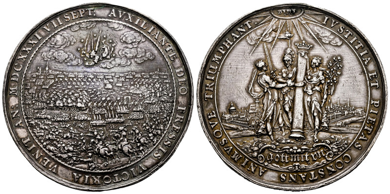 Germany. Medal. 1631. The Battle of Breitenfeld. Anv.: A detailed scene of confl...