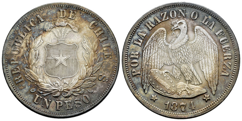 Chile. 1 peso. 1874. Santiago. (Km-142.1). Ag. 24,99 g. Attractive patina. XF. E...