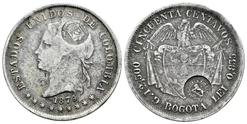 Colombia. 50 centavos. 1879. Bogotá. (Km-177.1 var.). Ag. 12,34 g. Authorized 8 ...