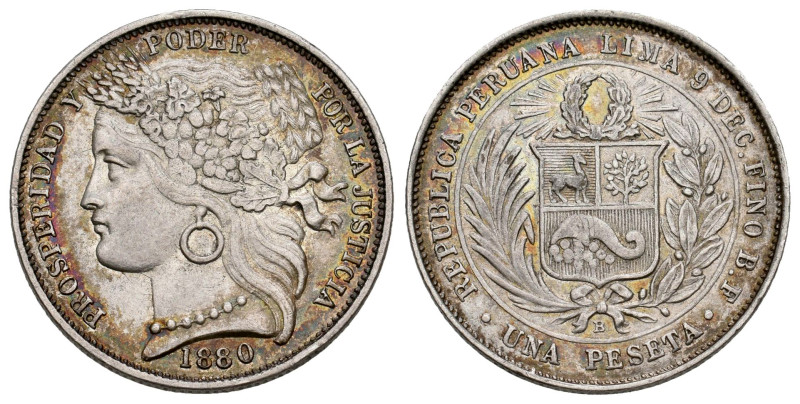 Peru. 1 peseta. 1880. Lima. BF. (Km-200.1). Ag. 5,02 g. Sligthly iridiscent tone...