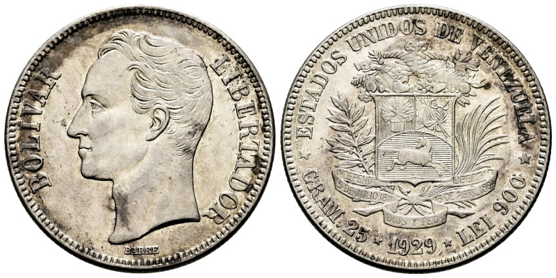 Venezuela. 5 bolivares. 1929. Philadelphia. (Km-Y24.2). Ag. 25,00 g. Almost XF/C...