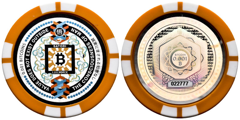 Bitcoin. 2016 Satori «Poker Chip» 0.001 Bitcoin. Pre-Fork. Nº de serie 022777. P...