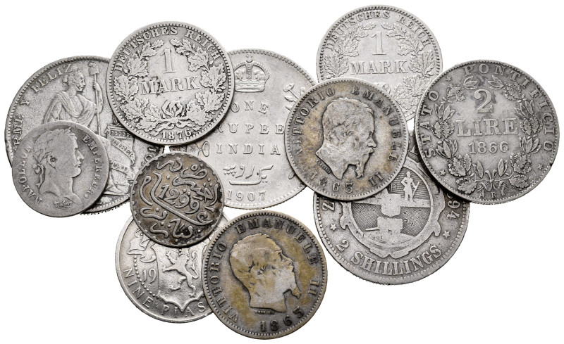 World coins. Lot of 11 world silver pieces, 1 mark 1875, 1 mark 1876, 9 piasters...