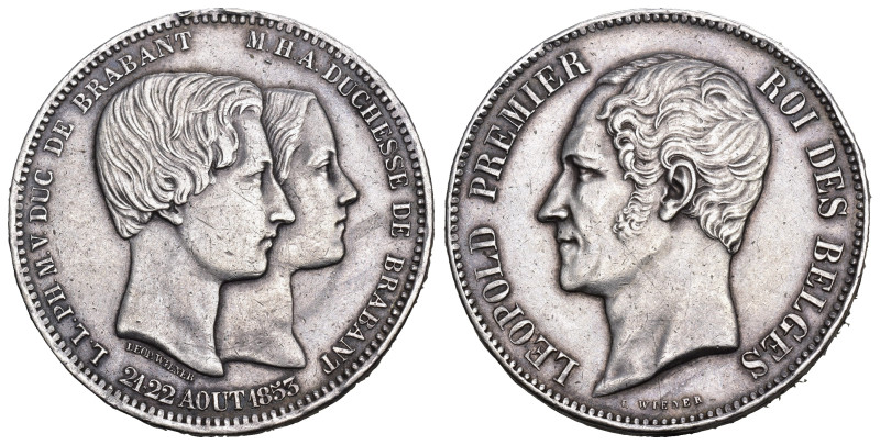 BELGIEN Königreich Leopold I. 1831-1865 5 Francs 1853, Brüssel. Auf die Hochzeit...