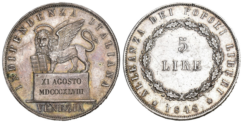 ITALY VENEDIG Provisorische Regierung, 1848-1849. 5 Lire 1848, Venedig. Mit Rand...