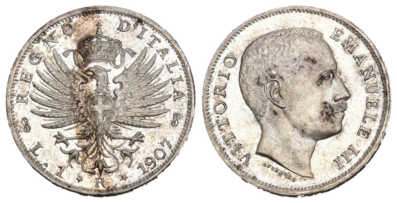 ITALIEN. Königreich Vittorio Emanuele III, 1900-1946. 1 Lire 1907 (Silver, 27.13...