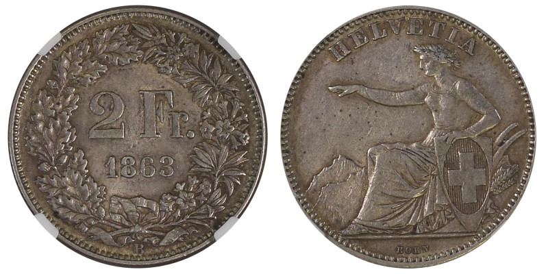 SCHWEIZ | SWITZERLAND | SUISSE | SWIZZERA 2 Franken 1863 B, Bern. Divo 32. HMZ 2...