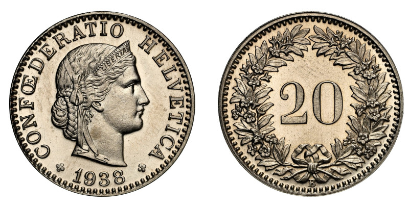 SCHWEIZ | SWITZERLAND | SUISSE | SWIZZERA 20 Rappen 1938 B, Bern. 4.04 g. Divo 4...