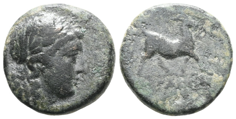 Greek
Aeolis. Aigai circa 300-200 BC. Bronze Æ . Head of Apollo right / AIΓAEΩN...