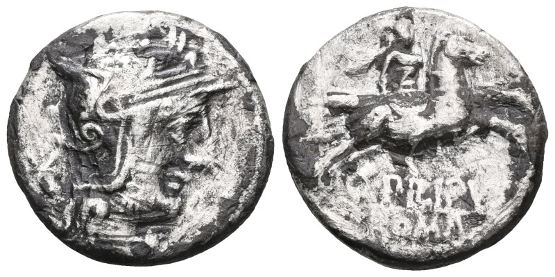 Roman Republic, Q. Philippus, Denarius, Rome, 129 BC. Helmeted head of Roma righ...