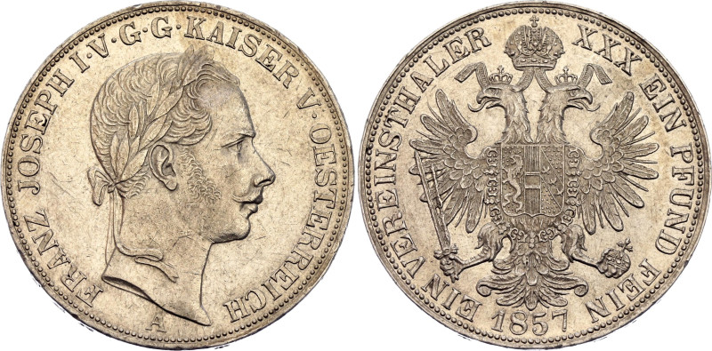 Austria 1 Vereinsthaler 1857 A

KM# 2244, N# 27536; Silver 18.46 g; Franz Jose...