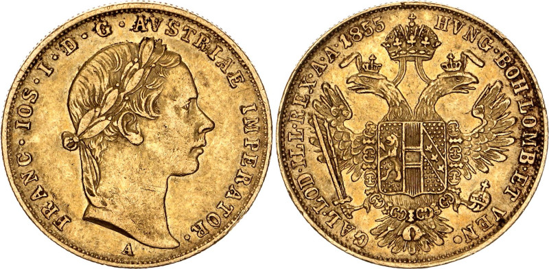 Austria Dukat 1855 A

KM# 2263, N# 33653; Gold (.986) 3.49 g.; Franz Joseph I;...