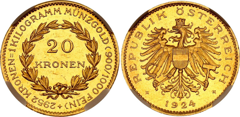 Austria 20 Kronen 1924 NGS MS63+

KM# 2830, Her# 4, N# 299144; Gold (.900) 6.7...